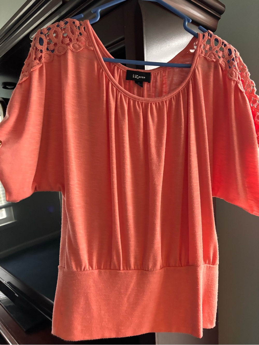 Iz Byer Coral Crochet-Shoulder Blouse